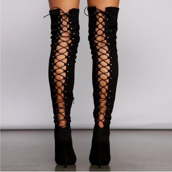 Black High Heel Open Back Corset Lace Up Thigh High Boot - Picture 3 of 15